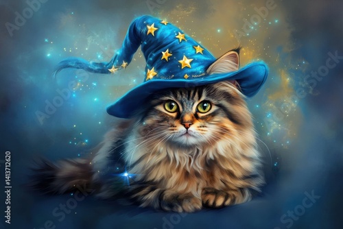 Cat Wearing Wizard Hat Adorable Fluffy Pet Portrait