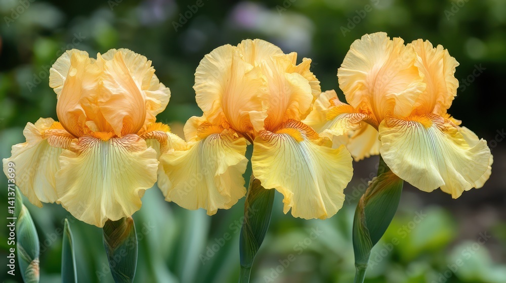 Three peach irises bloom in garden, blurred background Three peach irises bloom in garden, blurred background