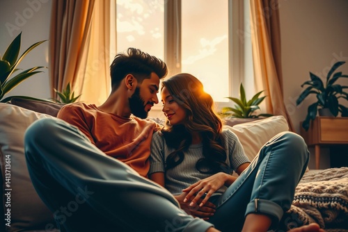 Authentic Intimate Moment Between a Diverse Couple at Home