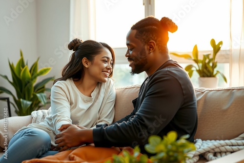 Authentic Intimate Moment Between a Diverse Couple at Home