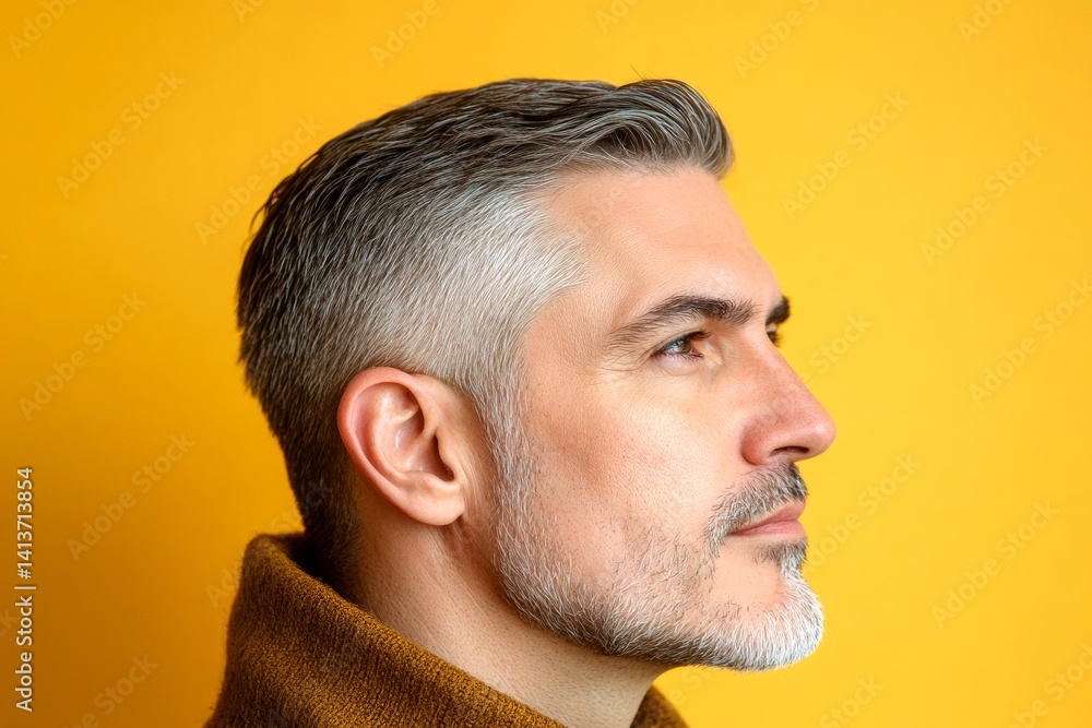 Obraz premium Yellow solid background. A middle-aged man looking happy and relaxed. Trendy men's classic short back and sides haircut - midlife white man with hair. Visual idea of style for aging men.