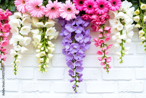 white brick wall with pink and purple flowers on it