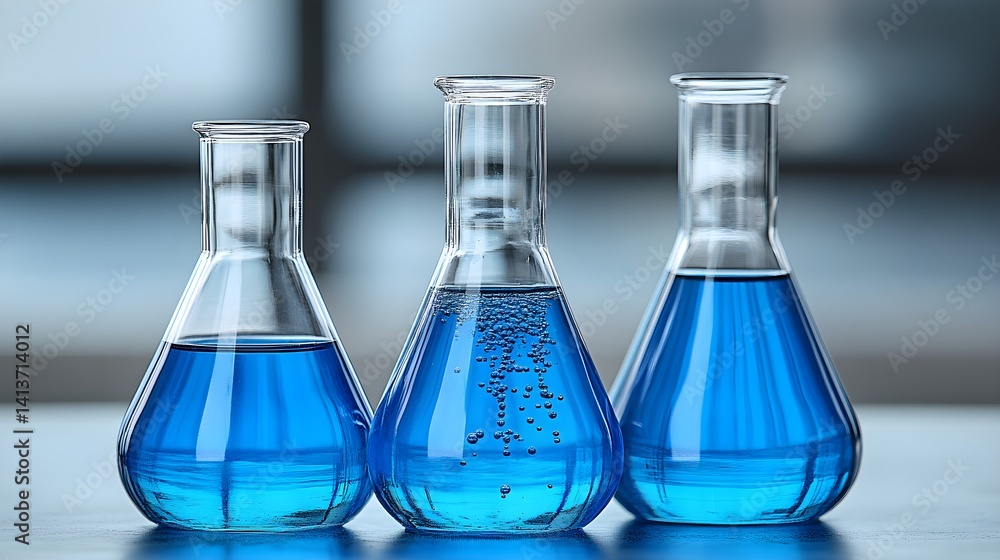 Three Laboratory Flasks with Blue Liquid – Clean Chemistry Concept Three Laboratory Flasks with Blue Liquid – Clean Chemistry Concept