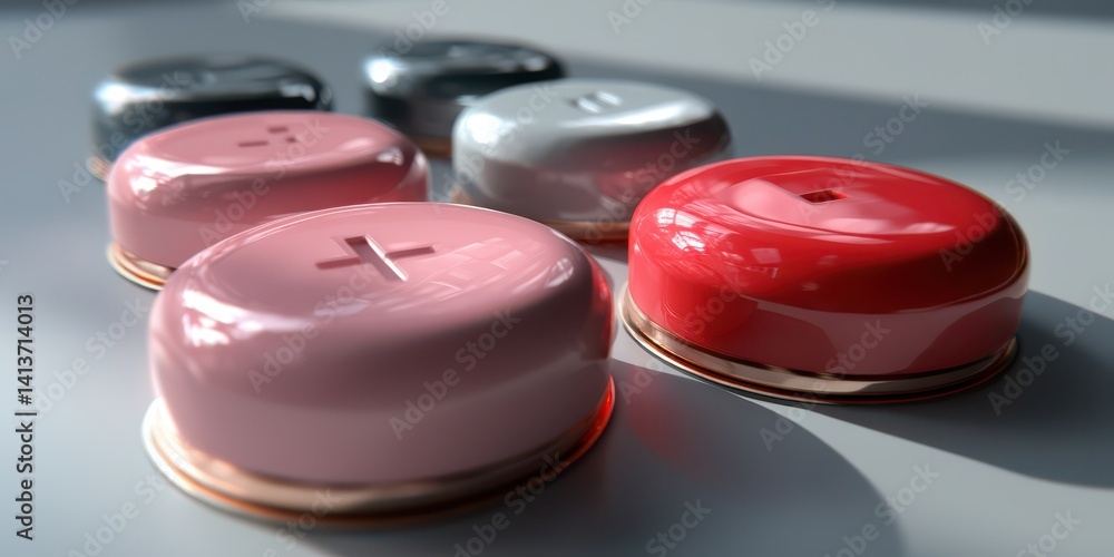Glossy Dome Shaped Objects in Pink, Red, and Gray on Light Gray Surface Glossy Dome Shaped Objects in Pink, Red, and Gray on Light Gray Surface