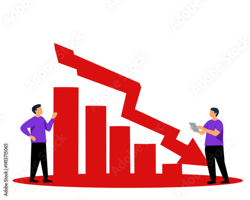 Illustration of business loss with a declining bar chart and red arrow. Two businessmen analyzing financial crisis, recession, or negative economic trend