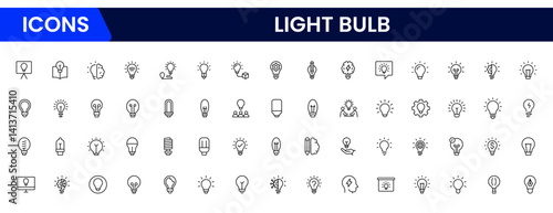 Vector illustration web line icon collection showcasing light bulb designs representing ideas, innovation, creativity, energy, solutions, thinking, inspiration, technology, brightness, and invention.