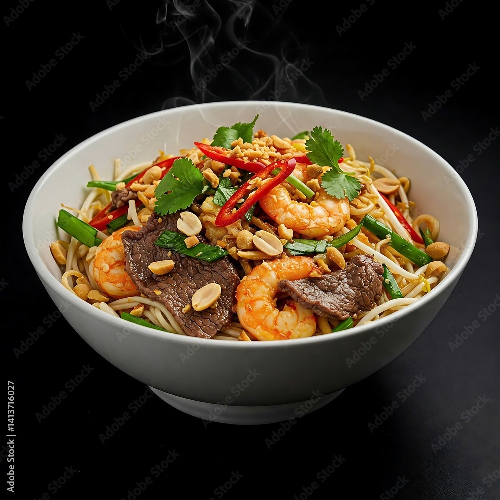 bowl of Vietnamese bún bò xào, stir-fried beef noodle salad, on a black background, topped with peanuts and fresh herbs. A bamboo mat and a Ho Chi Minh City street vendor’s tray evoke a fresh vibe. bowl of Vietnamese bún bò xào, stir-fried beef noodle salad, on a black background, topped with peanuts and fresh herbs. A bamboo mat and a Ho Chi Minh City street vendor’s tray evoke a fresh vibe.