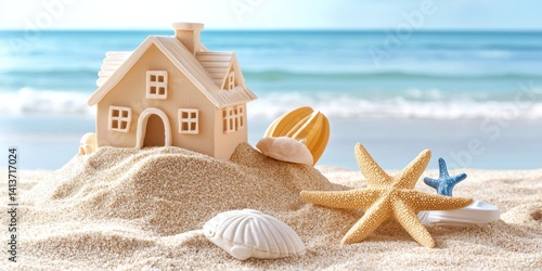 Beach House Model In Sand With Seashells And Starfish