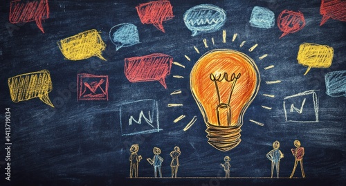A drawing of an idea light bulb with speech bubbles and people