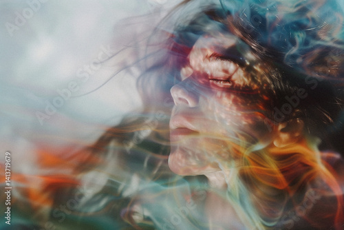 Surreal Dreamscape Portrait of Woman with Colorful Light and Underwater Effects, Dreamy, Meditation, Lost, Mystical, Energy Connection