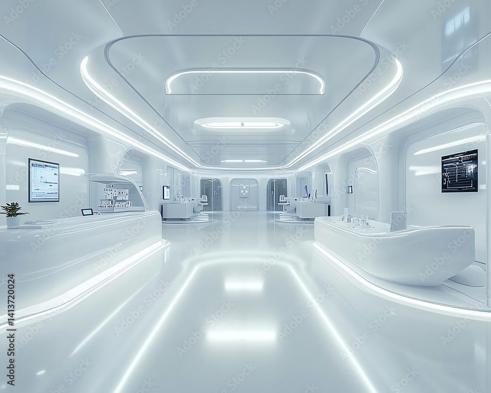 Obraz premium Futuristic white medical clinic interior. Clean, modern design with glowing LED lights.