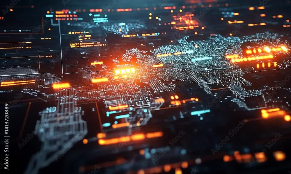 Futuristic digital map visualization with glowing data points and circuits, showcasing global connections Futuristic digital map visualization with glowing data points and circuits, showcasing global connections