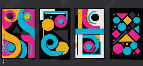 Abstract Geometric Art Prints Modern Wall Decor Colorful Shapes and Lines Minimalist Design for Home Office Living Room Decoration Set of Four Posters