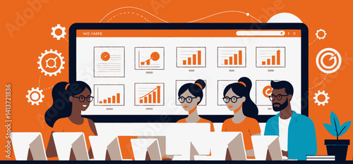 Diverse Team Analyzing Data_Business Intelligence and Analytics_Teamwork for Success_Data Driven Decisions_Orange Themed Workplace_Charts and Graphs Display_Business Growth and Strategy