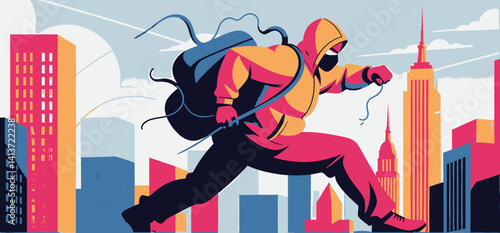 Hooded_Figure_Running_Through_City_Skyline_with_Backpack_Abstract_Illustration_Vibrant_Colors_Modern_Art_Urban_Landscape_Design_Illustration