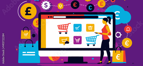 Online Shopping Concept_Woman Browsing E-commerce Storefront_Colorful Graphic Illustration_Digital Marketplace_Currency Symbols_Secure Transactions_Convenient Retail Experience