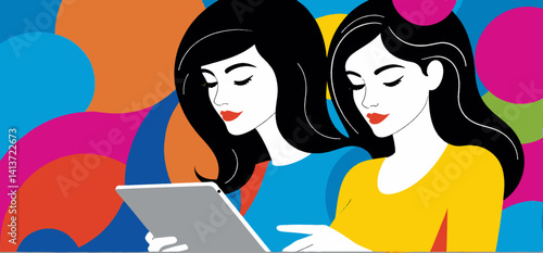 Two_Women_Using_Tablet_with_Colorful_Abstract_Background_Digital_Art_Illustration_of_Friends_Sharing_Content_and_Enjoying_Technology_Together