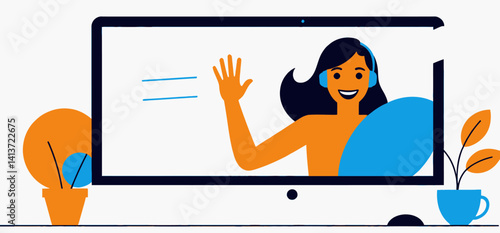 Virtual Assistant Online_Customer Support_Woman Waving on Computer_Remote Communication and Connection_Help Desk Services_Digital Consultation Expert