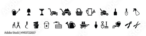 Agriculture, Garden icons vector. Tool for gardening and pot with flower gardening