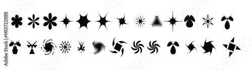 Abstract star and flower shapes sticker pack bubble, star, loop waves cartoon style