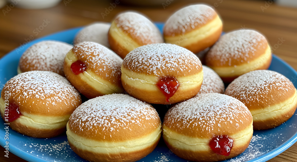 Freshly Baked Berliner Doughnuts Garnished With Powdered Sugar On Blue Plate Freshly Baked Berliner Doughnuts Garnished With Powdered Sugar On Blue Plate