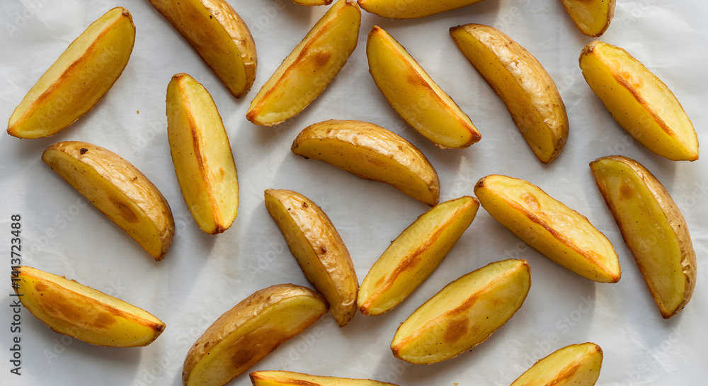 Rustic Potato Wedges On White Surface Background Top View Rustic Potato Wedges On White Surface Background Top View