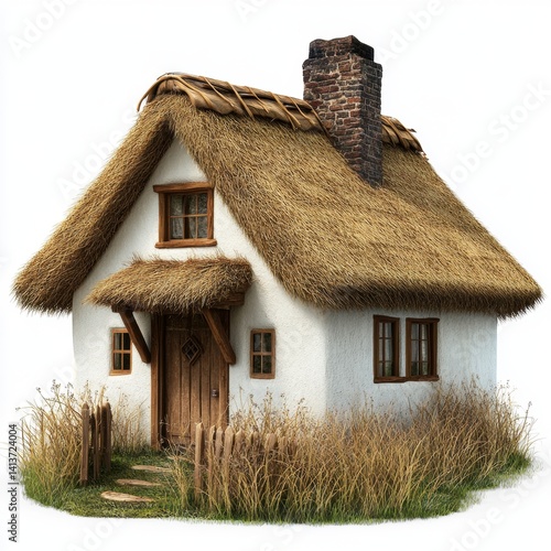 Rustic thatched roof cottage digital illustration idyllic home design element