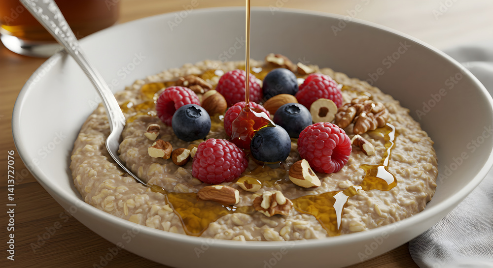 Delicious Oatmeal With Fresh Berries And Maple Syrup Being Poured On Top Delicious Oatmeal With Fresh Berries And Maple Syrup Being Poured On Top