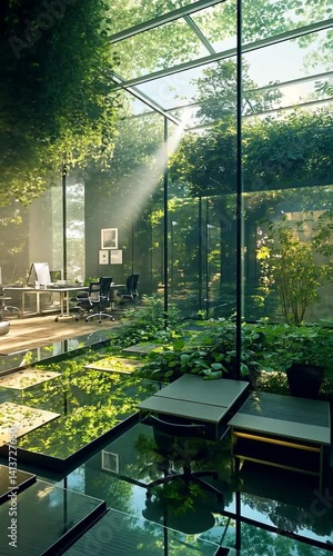 Modern glass-walled office surrounded by lush greenery and sunlight filtering through trees