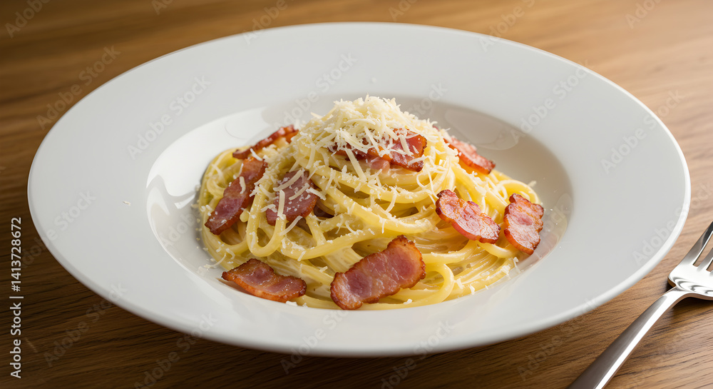 Appetizing Carbonara Pasta Dish Served on White Plate Close Up View Appetizing Carbonara Pasta Dish Served on White Plate Close Up View