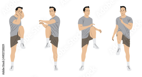 Man Doing Elbow-to-Knee Crunch, Standing Workout Pose, Vector Illustration.