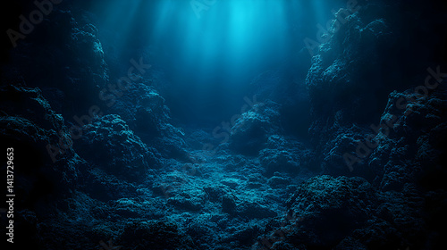 Wallpaper Mural Deep ocean seabed, mysterious underwater landscape with sunbeams penetrating the dark depths, textured rocks and mysterious atmosphere. Torontodigital.ca