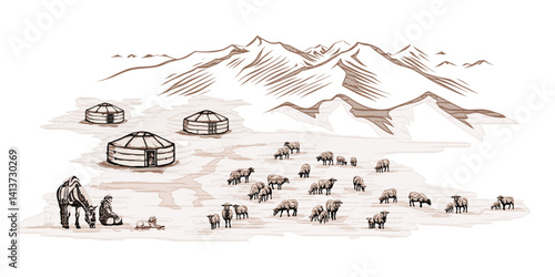 Sketch on the topic of life in Central Asia, nomads life, yurt in the mountains, flock of sheep, vector illustration