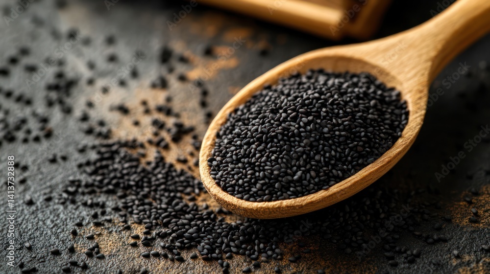 Wooden spoon of black chia seeds on dark rustic background, close-up, food photography Wooden spoon of black chia seeds on dark rustic background, close-up, food photography