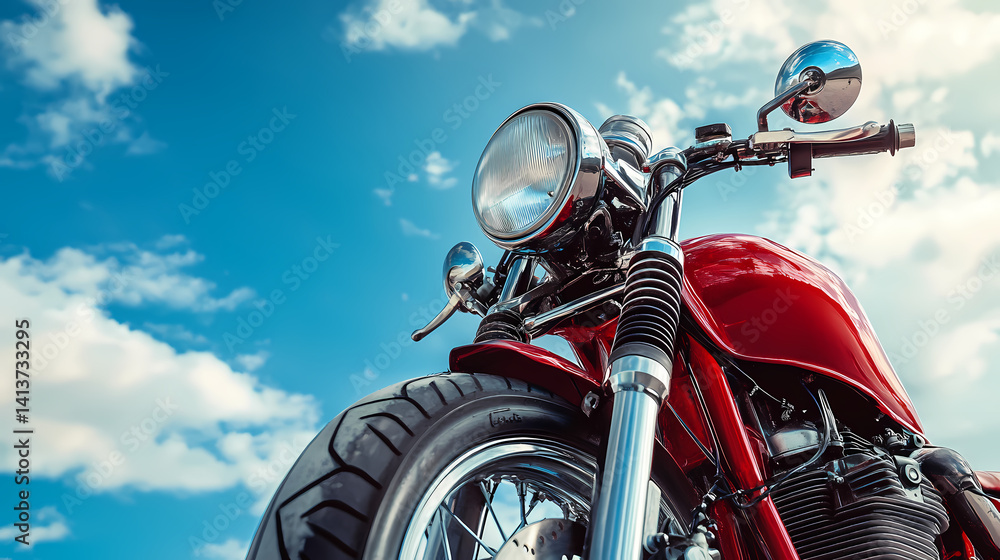 Fototapeta premium Chrome Motorcycle under Blue Sky: A stunning, detailed shot of a classic chrome motorcycle set against a vibrant blue sky with fluffy clouds, evoking a sense of freedom and adventure.