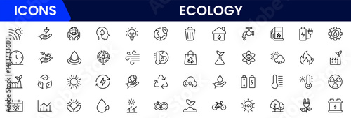 Vector illustration web line icon collection featuring ecology themes like renewable energy, recycling, green living, nature conservation, sustainability, earth care, and environmental protection.