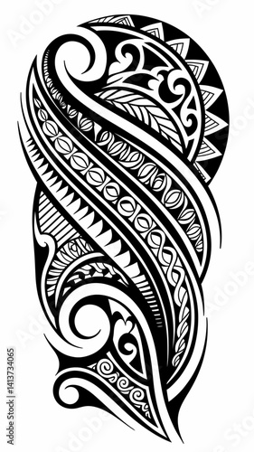 Detailed Maori Tribal Tattoo Design: Ornate Blackwork Illustration, Geometric Pattern