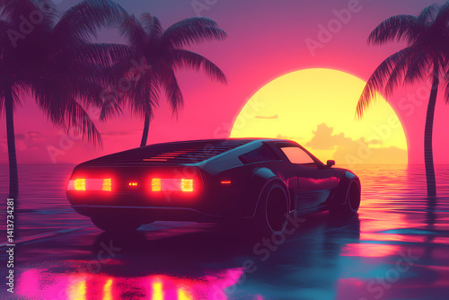 Neon Horizon Ride: A sleek sports car cruises into a vibrant neon sunset. Capturing the spirit of adventure, freedom, and the open road in a scene ablaze with dynamic color.