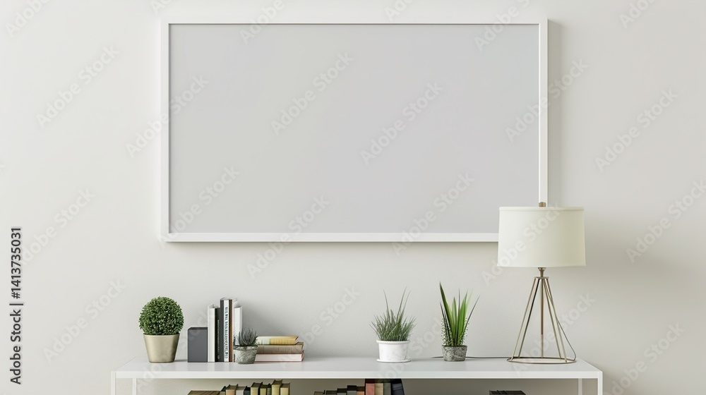 A white rectangular frame mounted above a hallway table, with books, small plants, and a modern lamp beneath.  HD 8K wallpaper Photographic Image