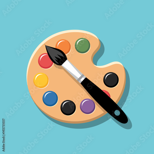 Cartoon art palette and brush vector illustration on light blue background.