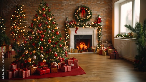 Festive Christmas Tree Decorated With Ornaments Lights and Gifts in Living Room Interior