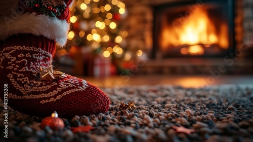Christmas Stocking by Fireplace with Blurred Christmas Tree and Lights