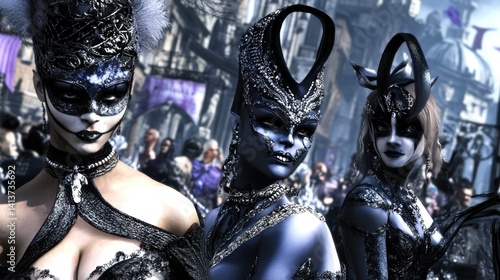 glamorous parade of enigmatic masked figures wearing luxurious costumes in an urban fantasy setting with ethereal elegance and ornate details