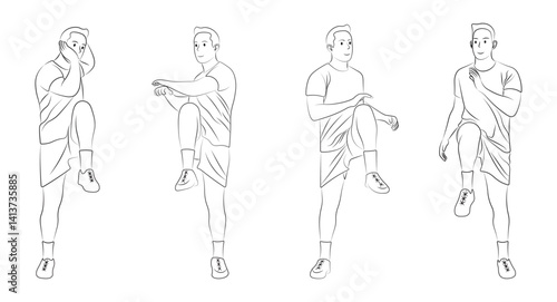 Vector Illustration of a Man Doing an Elbow-to-Knee Crunch, Standing Workout Pose in Outline Style