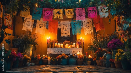 Day of the Dead Altar with Candles Flowers and Papel Picado Decorations