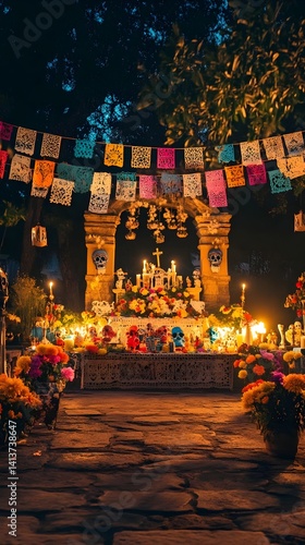 Day of the Dead Altar with Skulls Flowers and Candles