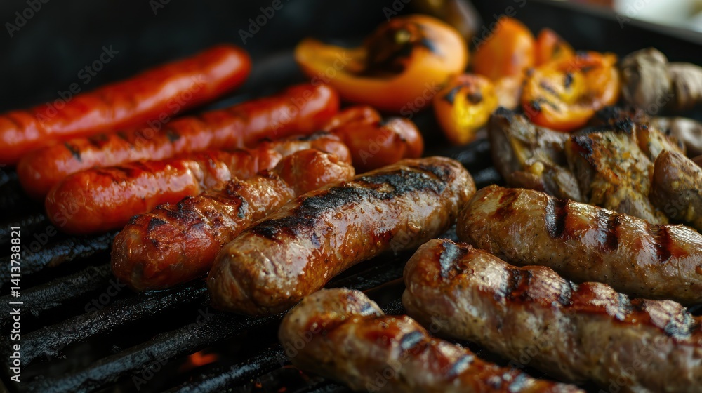 Grilling sausages, peppers, and meat outdoors, summer BBQ feast Grilling sausages, peppers, and meat outdoors, summer BBQ feast