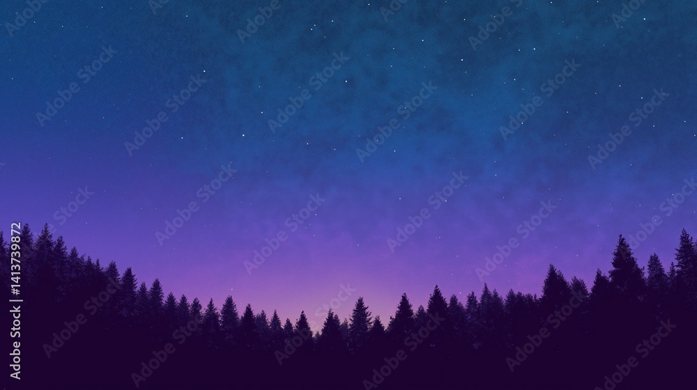 Fototapeta premium Starry night sky above silhouette of pine forest with dreamy purple to blue twilight gradient background