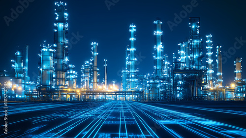 Wallpaper Mural Night Refinery: Futuristic digital lines overlay a sprawling, illuminated oil refinery at night, suggesting technological advancements and efficiency in the energy industry. Torontodigital.ca