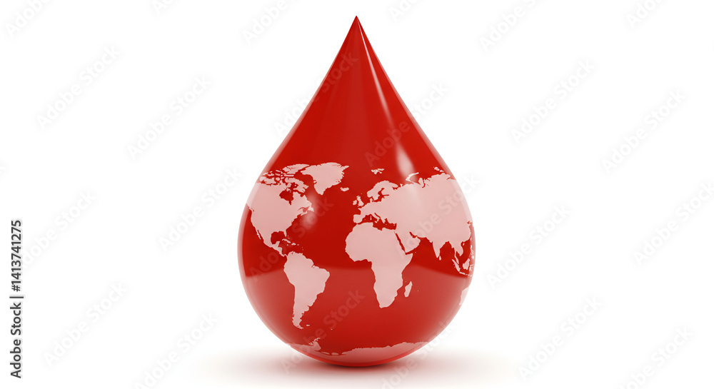Obraz premium A symbolic red drop of blood with a world map inside it on a white background